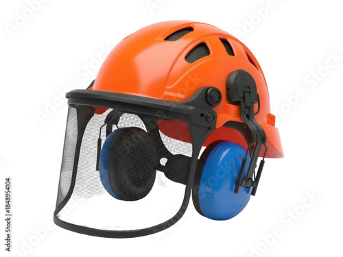Photography Isolated orange safety helmet with face shield and ear protection against harmfu