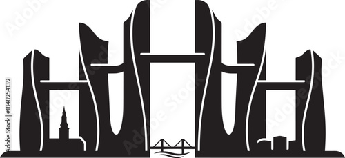 Massive abstract architectural structures with bridge over water checkered background