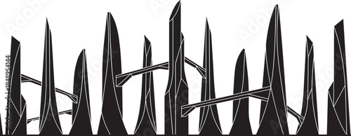 Jagged rock formations with sharp peaks and connected bridges on checkered background