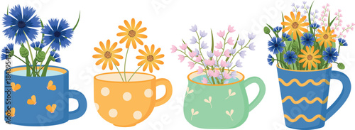 Cute spring flowers in mugs vector set for home decor and greeting cards