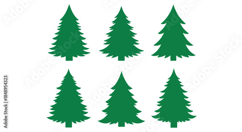 A festive arrangement of Christmas trees in a symmetrical pattern on a white background