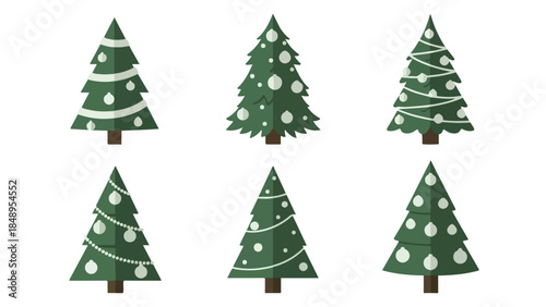 Decorated Christmas Trees A Collection of Festive Illustrations Featuring Green Pine Trees Adorned with White Ornaments and Garland, Perfect for Holiday Design