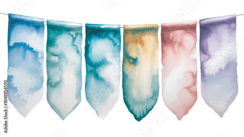 A delightful watercolor banner string showcasing vibrant gradient flags for festive decoration isolated on transparent background, Vector, illustration