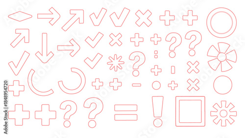 A comprehensive collection of outlined red user interface, navigation, and mathematical symbols isolated on transparent background, Vector, illustration