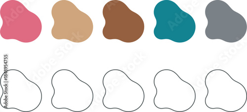 Modern vector abstract organic shapes set with solid colors and outlines isolated on transparent background