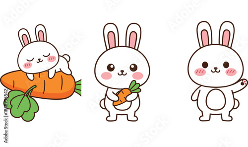 Cute bunny cartoon character collection with carrot poses sleeping and smiling expressions flat vector illustration for kids, nursery, and playful design