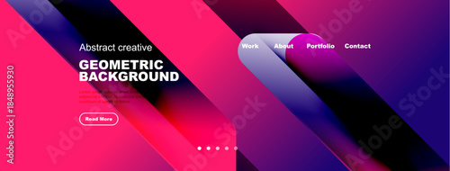 Modern website header design. Vibrant pink, purple gradients dominate. Text overlays promote geometric backgrounds, navigation options present.