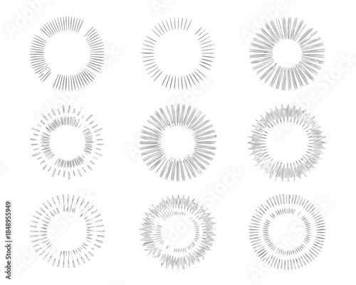 Nine circular graphic elements with radiating lines in a grid arrangement
