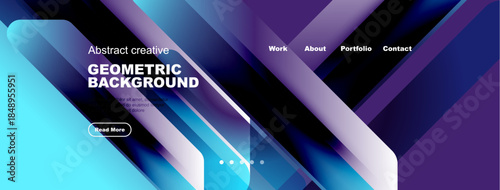 Modern website header design. Gradient colors, geometric shapes, navigation menu present. Text includes background, read more. Clean, professional look.