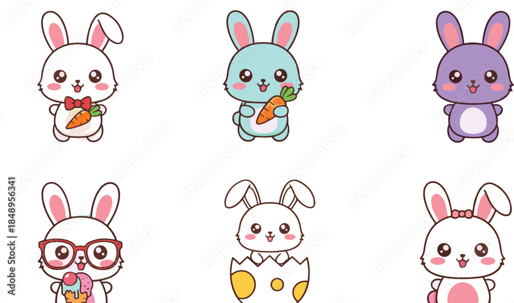 Fototapeta premium Cute bunny cartoon character collection with colorful rabbits carrot poses and funny expressions flat vector illustration for kids
