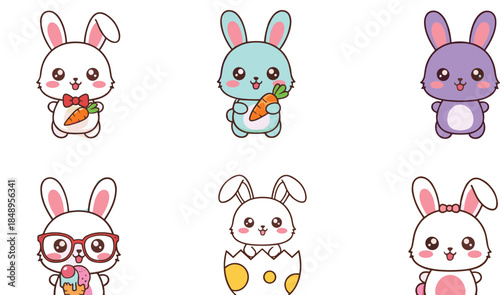 Cute bunny cartoon character collection with colorful rabbits carrot poses and funny expressions flat vector illustration for kids