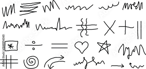 Collection of handwritten symbols and silhouette graphics