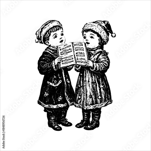 Vintage children singing from songbook illustration