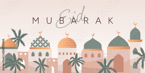 Eid Mubarak greeting card with colorful domes, crescents and palm trees on soft beige background. Islamic celebration architecture composition. Vector illustration for banners and cards.