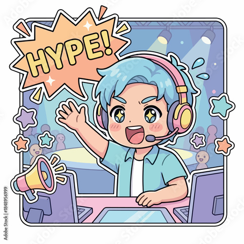 A cute kawaii sticker of an excited esports shoutcaster boy yelling "HYPE!" to a crowd