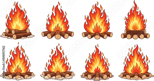 Cartoon campfire vector illustration set with burning wooden logs and bright orange flames, isolated bonfires for summer camping and outdoor adventure designs.