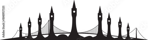 Fantasy city towers and suspension bridge vector illustration with clock details