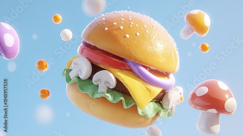 Delicious burger with floating mushrooms on blue background visual
