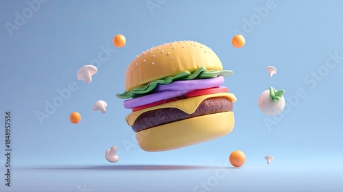 Stylized hamburger floating on blue background with decorative elements