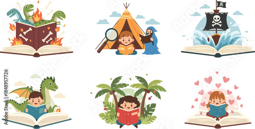 Creative children reading open books with imagination worlds, vector illustration set of adventure stories including dinosaurs, pirates, dragons, camping, and magic fairy tales.