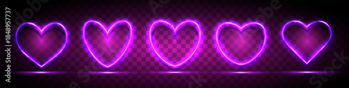 A set of pink neon hearts with a place for text on a transparent dark background. Glowing hearts for holiday cards, banners, invitations. Vector EPS 10.