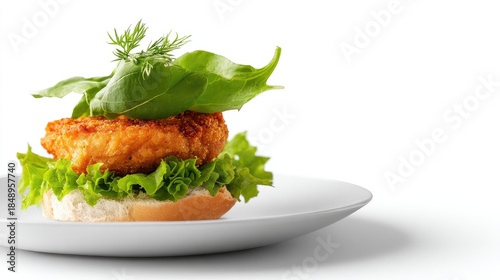 Delicious fried chicken sandwich with fresh greens on white plate