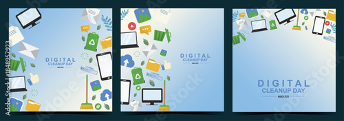 Set of three square digital cleanup day backgrounds. World digital cleanup day concept. Ideal for social media posts. Cleanup data. Digital detox card. Environmental impact of IT. Vector illustration