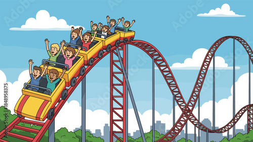 Exciting roller coaster ride vector illustration with happy people raising hands, cartoon amusement park attraction with red track and blue sky background.