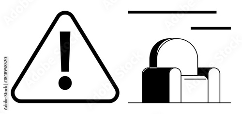 Security, caution, warning alerts, data protection, online safety, risk management. Exclamation sign next to an abstract lock. Security and caution highlighted through bold graphic elements