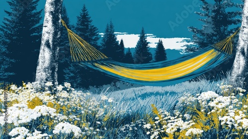 Hammock suspended between trees in natural outdoor landscape illustration