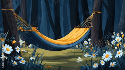 Tranquil forest scene empty hammock suspended between trees day or night