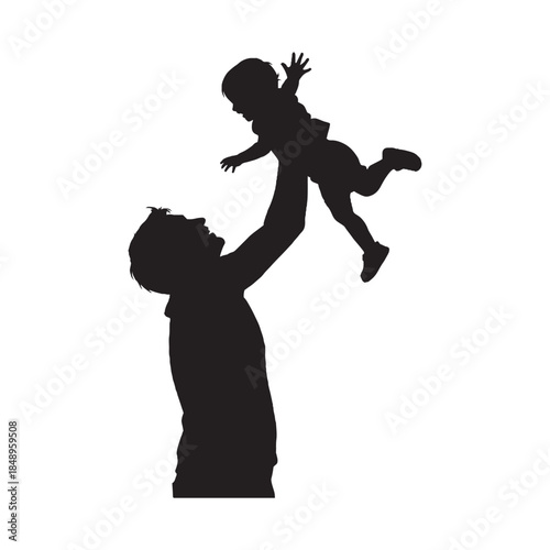 Silhouette of a father lifting his baby child in the air, isolated on white background.
Happy father playing with toddler son or daughter, black and white minimalist silhouette.
Fatherhood and child