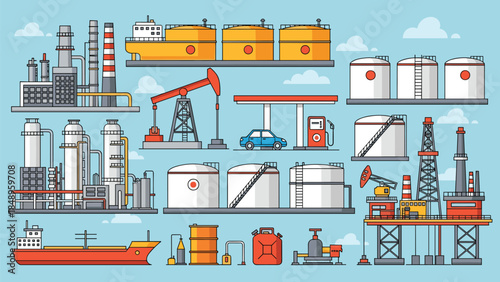 Oil, gas, illustration, with, refinery, pump, jack, platform, barrel, pipeline, tank, ship, station, vector, content, industry, extraction, transportation, storage, distribution, infrastructure, energ