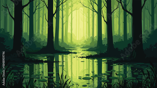 Mysterious green swamp forest landscape vector illustration, trees silhouettes reflecting in calm water lake with misty light for nature background design.