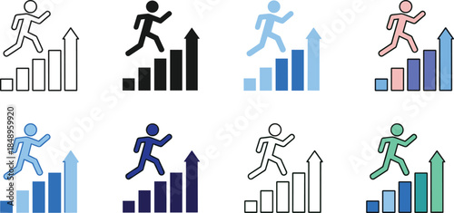 Business growth progress icons showing people climbing charts, performance analytics, success strategy, productivity improvement, financial increase, startup development, teamwork motivation,