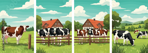 Peaceful rural farm landscape illustration, grazing dairy cows, green countryside fields, wooden fences, red barn houses, blue sky, pastoral agricultural scenery