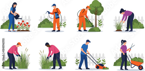 People gardening and landscaping set with characters watering plants mowing lawn and pruning bushes, flat vector illustration for backyard maintenance service, outdoor