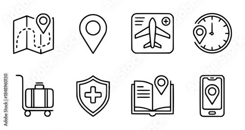 Travel and navigation set with location map and luggage outline symbol pictogram