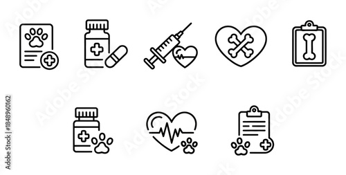 Veterinary and medical care set with heart bone and syringe outline