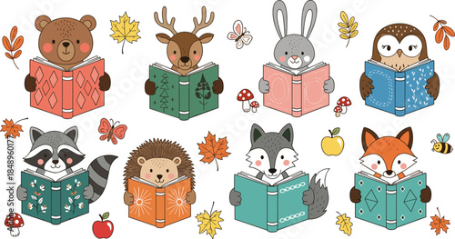 Cute woodland animals reading books illustration with autumn leaves, cozy learning vibes, playful education, and charming seasonal storytelling theme