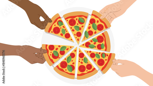 People hands taking slices of Italian pizza from white plate, top view of flat vector illustration for party food, fast food delivery