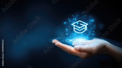 Digital education concept hand holding glowing graduation cap icon
