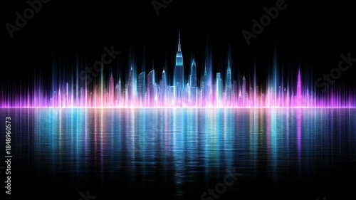 Wallpaper Mural Neon city skyline reflection night with colorful light bars and serene water futuristic skyline glow Torontodigital.ca