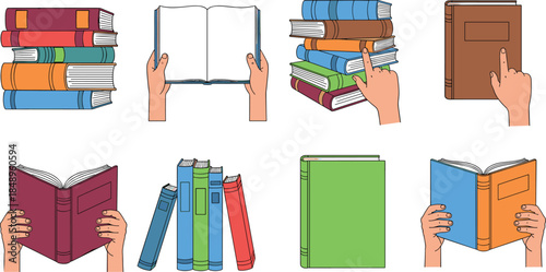 Hands holding books and stacked textbooks illustration set, colorful flat design reading and education concept icons