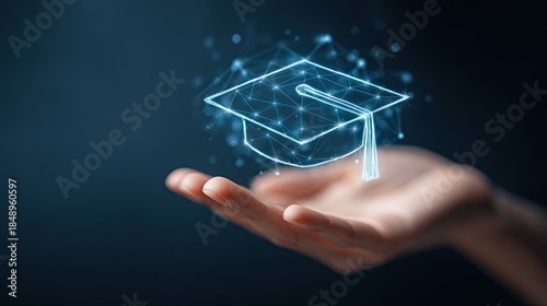 Digital graduation cap floating above hand illustrating education concept