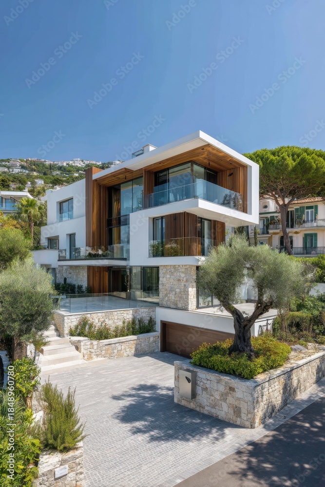 Fototapeta premium This contemporary home features expansive windows and elegant stone accents, nestled in a tranquil residential neighborhood that's enveloped by trees, all bathed in the warm glow of a sunny day