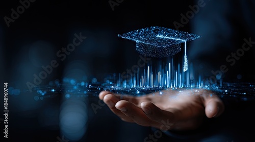 Digital graduation cap floating above hand illustrating education and technology