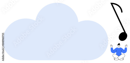 Cloud storage, music streaming, relaxation, mindfulness, digital services, tranquility. A cloud, music note and meditating figure together. Cloud storage and music streaming ideas