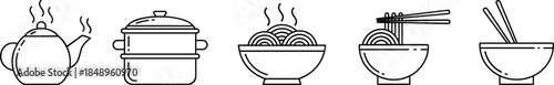Set of Asian cooking and food line icons including teapot, food steamer, ramen bowls, and chopsticks, representing kitchenware, dining, and cuisine concepts