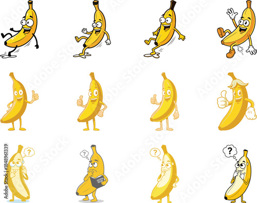 Cartoon Bananas With Different Expressions And Poses On White Background fruit character